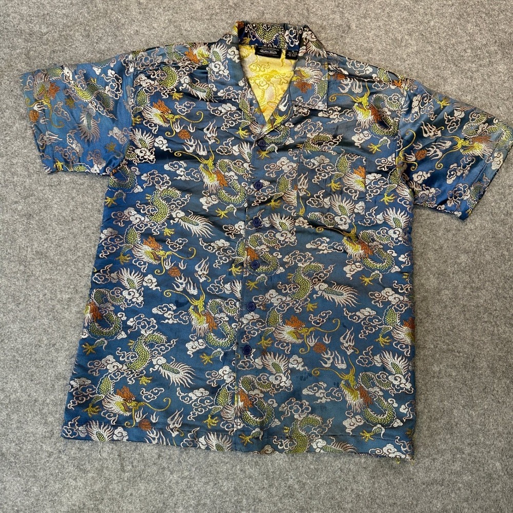 Anchor Blue Dragon Print Button Down Shirt Medium Blue Embroidered Brocade Style